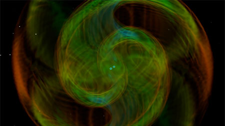 二进制中子星的合并和合并的数值余量模拟，导致被检测到的重力波事件GW190425。图像显示了重力波信号，其颜色范围从红色，黄色，绿色，蓝色，强度增加，中子星的密度分别为每立方厘米20万至6亿吨。©T。Dietrich（Nikhef），S。Ossokine，A。Buonanno（Max Planck重力物理学研究所），W。Tichy（佛罗里达州大西洋大学）和核心合作
